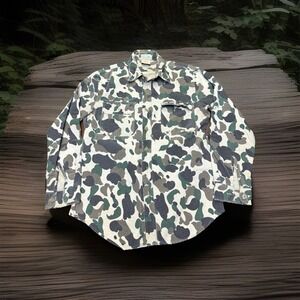 Vtg M‎ Trophy Club Hilton Field Duck Camo Field Hunting Shirt Distressed Chamois